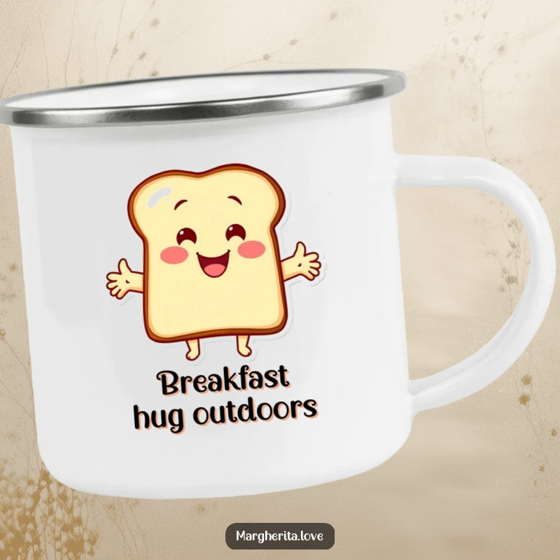 Funny camping mug featuring a cheerful cartoon toast character with arms outstretched, ready for a warm hug. Durable outdoor drinkware.