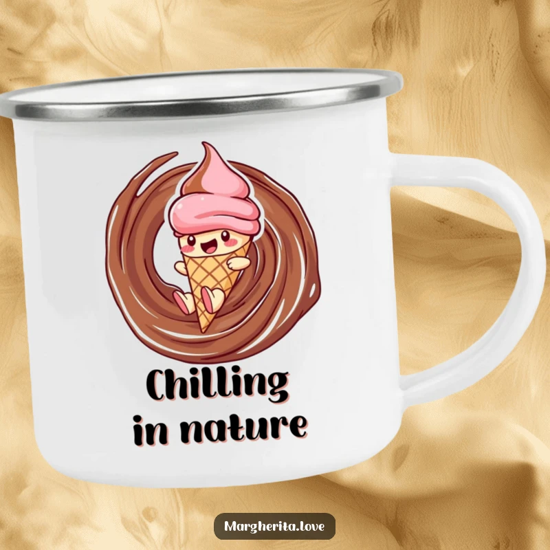 Funny ice cream camping mug featuring a delighted cone character sliding down a chocolate swirl, perfect for enjoying beverages outdoors.