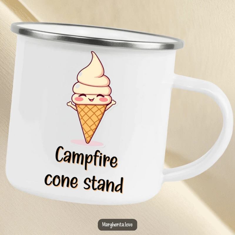 Funny winking ice cream cone doing a headstand on a durable camping mug, perfect for outdoor enthusiasts.