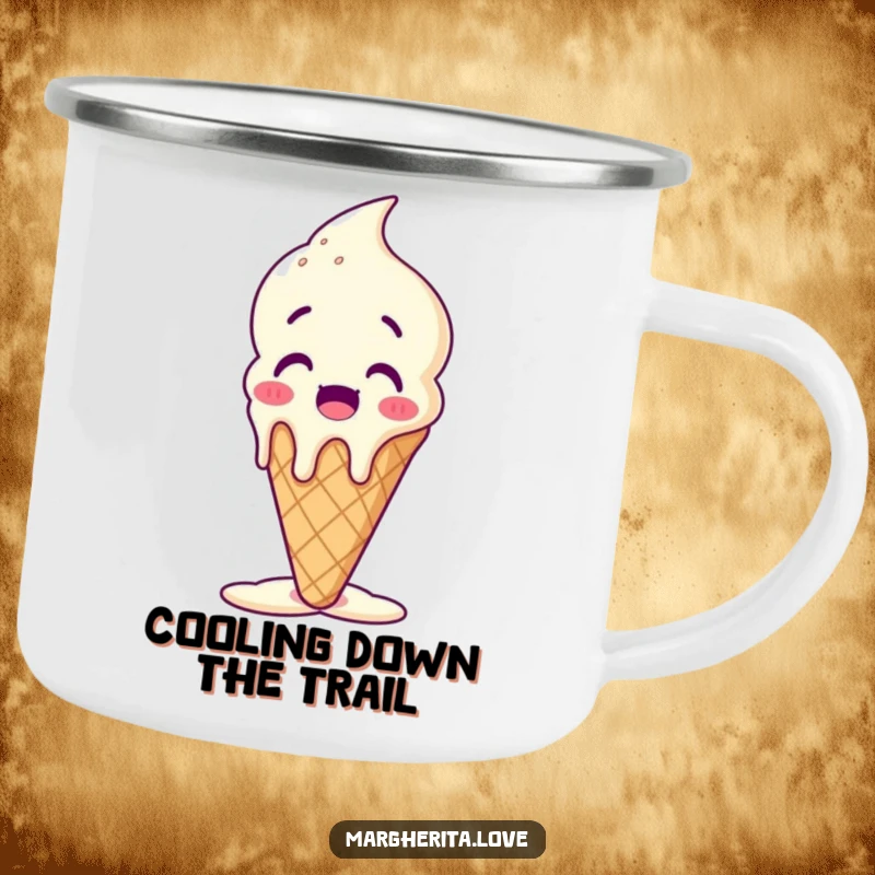 Funny melting ice cream cone camping mug featuring a surprised character melting happily, ideal for outdoor enthusiasts.