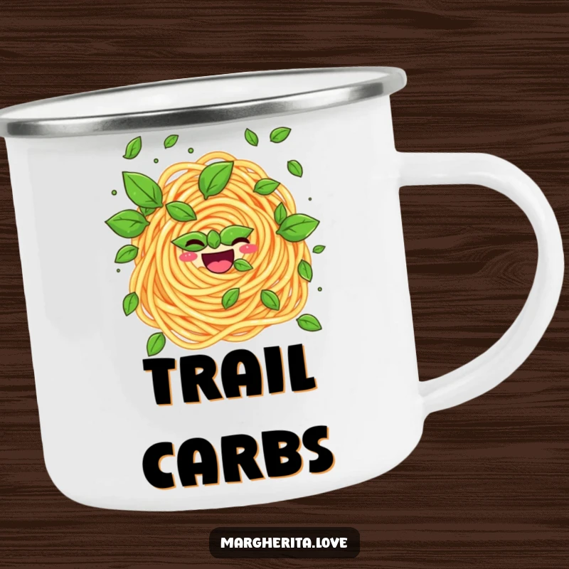 Funny camping mug featuring a pasta swirl juggling basil leaves, perfect for outdoor enthusiasts who love humor.
