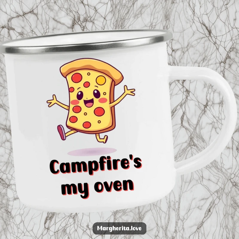 Funny camping mug featuring a cheerful pizza slice with legs, dancing joyfully, perfect for outdoor enthusiasts.