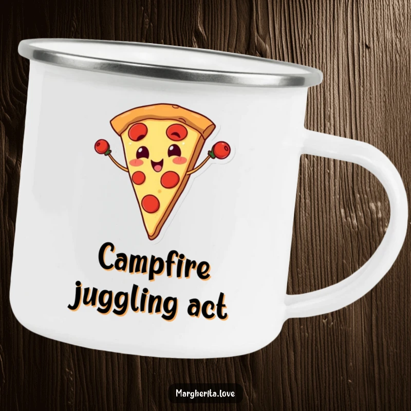Funny camping mug with a smiling pizza slice juggling pepperoni, ideal for outdoor enjoyment.