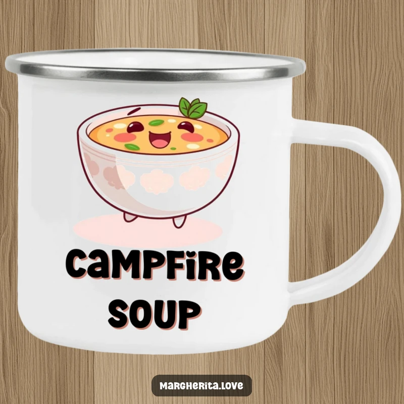 Funny soup skip camping mug featuring a content bowl of soup happily skipping, perfect for enjoying drinks outdoors with a comforting vibe.