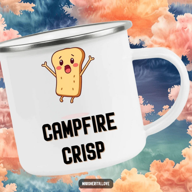 Funny camping mug featuring a surprised breadstick leaping, ideal for outdoor enthusiasts who appreciate snack-themed humor.