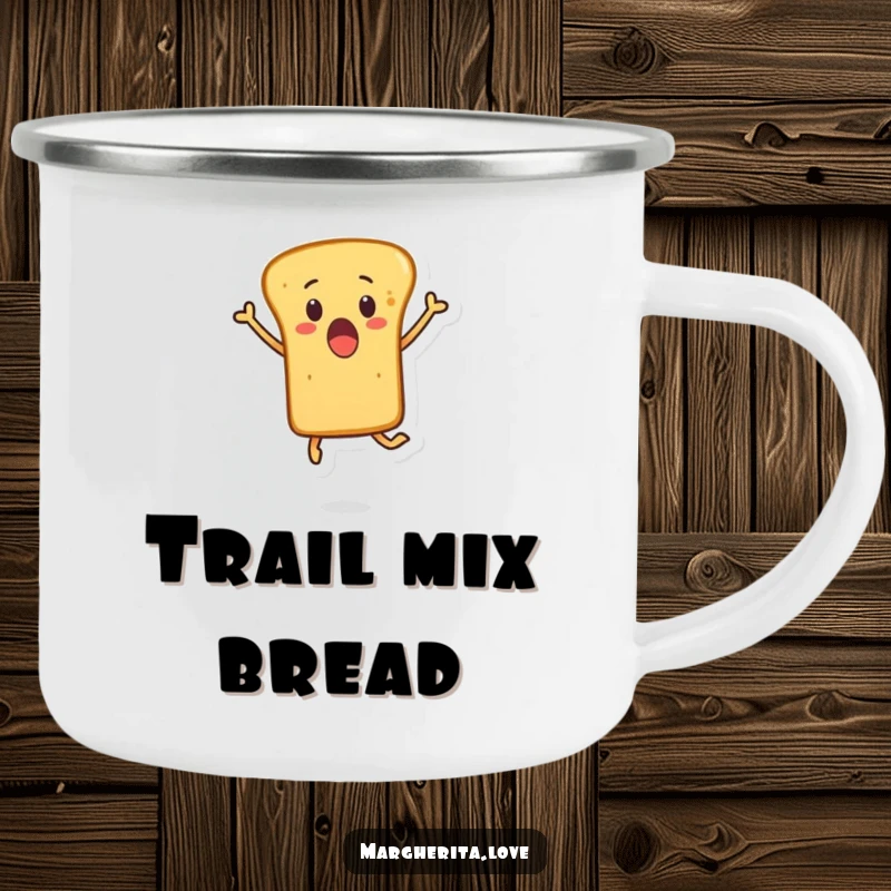 Funny camping mug showing a surprised breadstick character leaping into the air, perfect for enjoying beverages outdoors with a humorous twist.