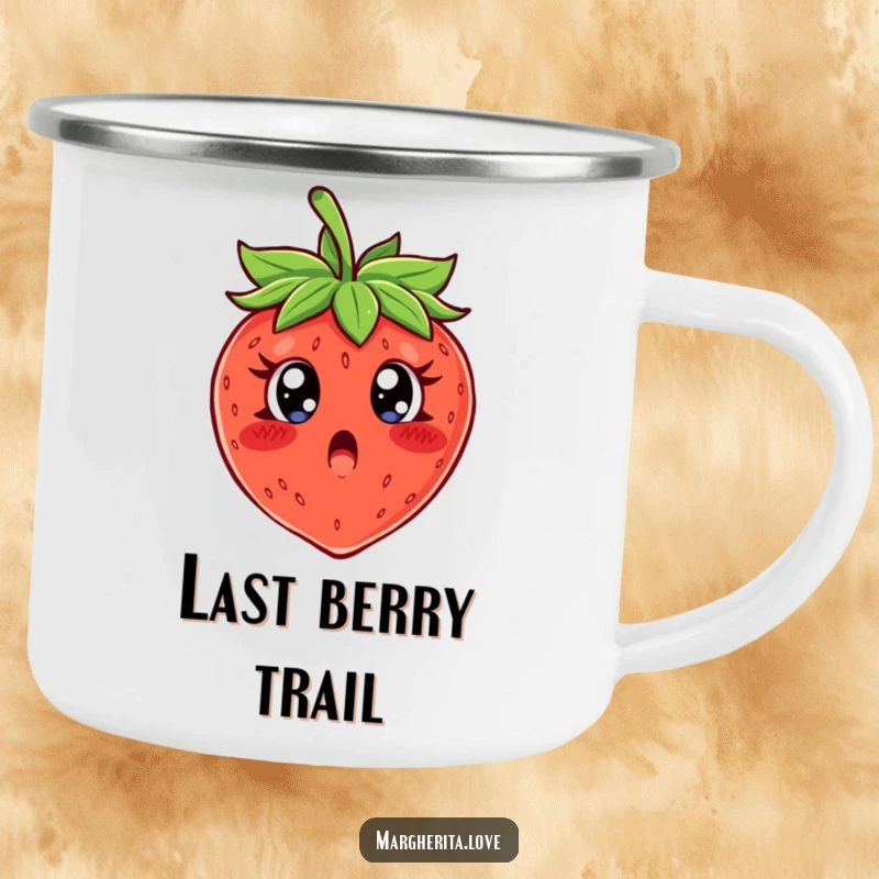 Funny camping mug with a wide-eyed, surprised strawberry character, ready for outdoor adventures and laughs.