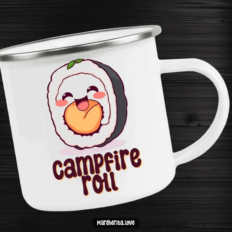 Funny sushi roll wiggle camping mug featuring a delighted sushi roll wiggling happily, perfect for enjoying drinks outdoors with a cheerful vibe.