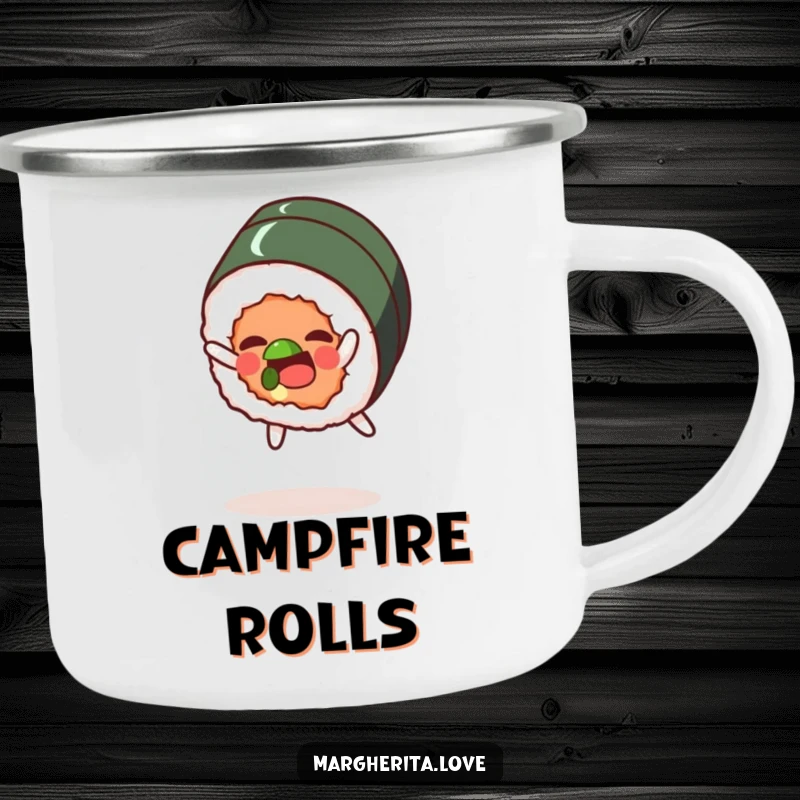 Funny camping mug featuring a happy sushi roll character doing a playful somersault during an outdoor setting.