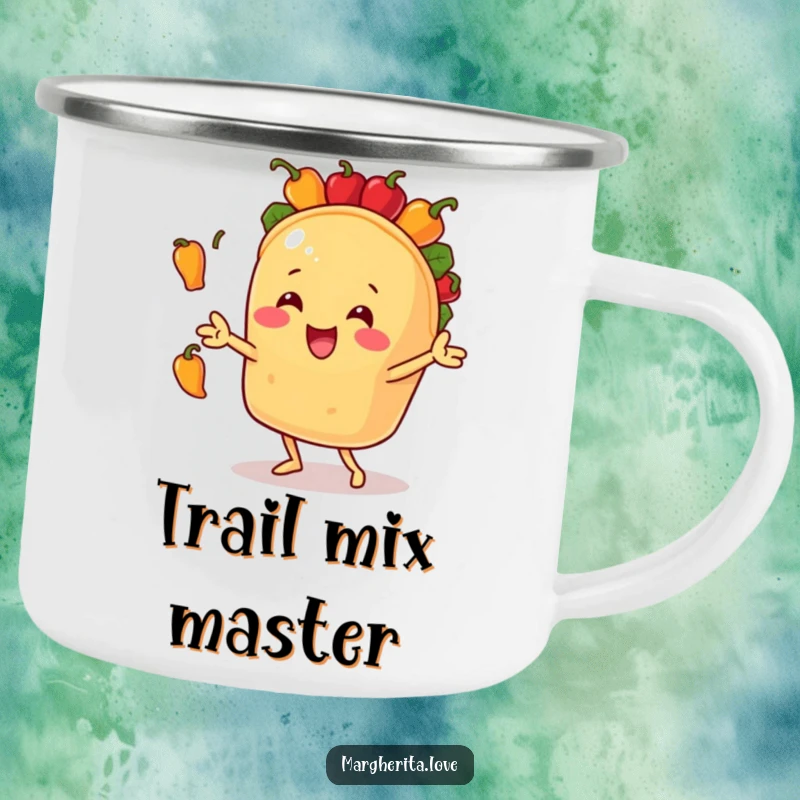 Funny camping mug featuring a smiling taco character juggling tiny bell peppers during an outdoor adventure.