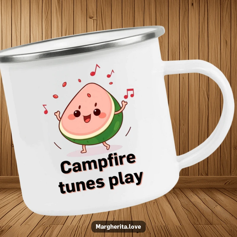 Funny camping mug: A slice of watermelon grooves to music, seeds playfully popping, perfect for outdoor beats.