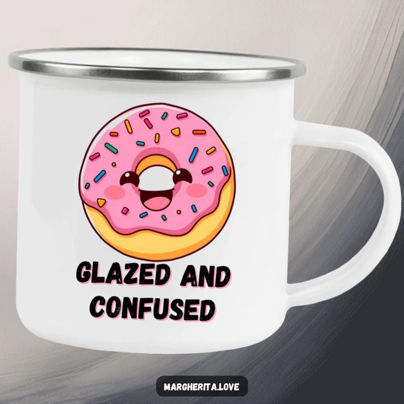 Funny donut camping mug featuring a charming sprinkled character with a wide grin, perfect for enjoying beverages outdoors with humor.