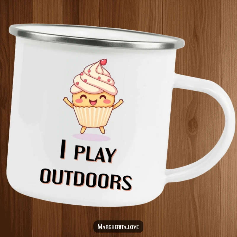 Funny camping mug featuring a cheerful cupcake bouncing a ball, perfect for sweet sips during outdoor adventures.