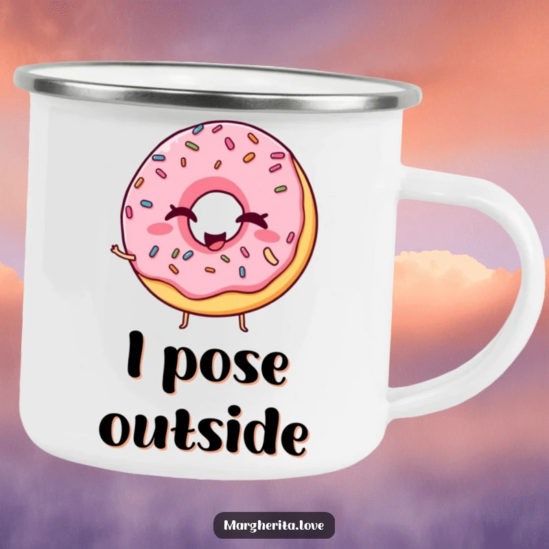 Funny camping mug featuring a winking donut with sprinkles striking a silly pose, perfect for sweet outdoor sips.