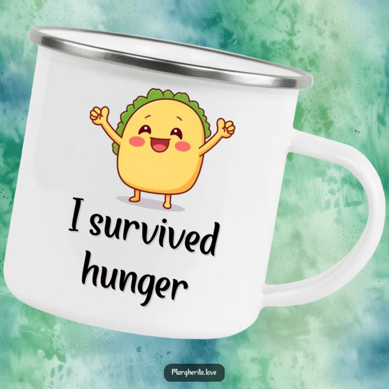 Funny camping mug featuring a grinning taco doing a lively victory dance, perfect for outdoor enthusiasts who love fun.