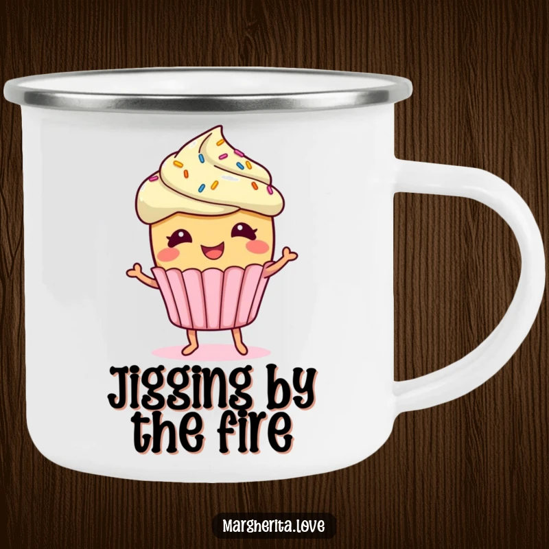 A giggling cupcake with sprinkles doing a little jig, depicted on a rugged camping mug, ready for outdoor enjoyment.