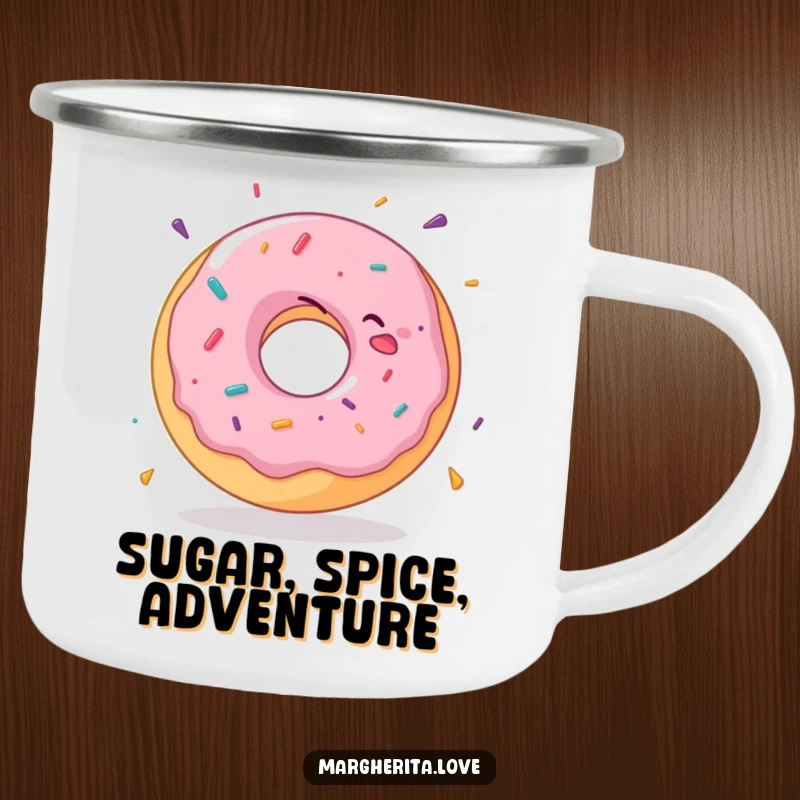Funny donut camping mug with a delighted donut spinning joyfully, designed for outdoor use and happy moments.