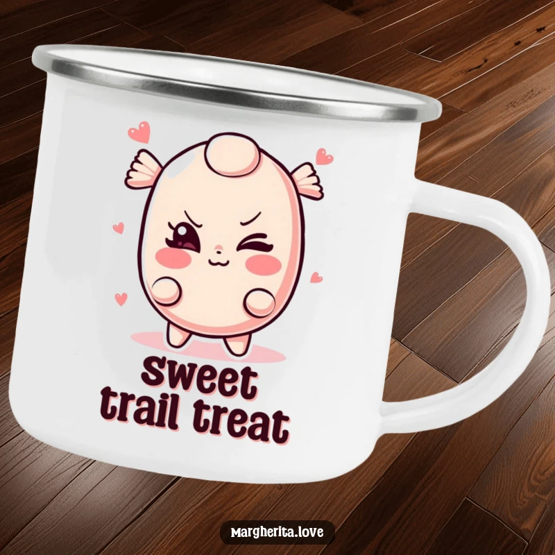 Funny candy camping mug with a mischievous winking candy, designed for outdoor use and adding a cheeky vibe.