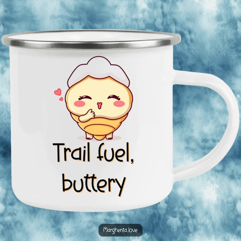 Funny camping mug featuring a winking croissant character blowing a kiss, perfect for outdoor enjoyment and lighthearted moments.