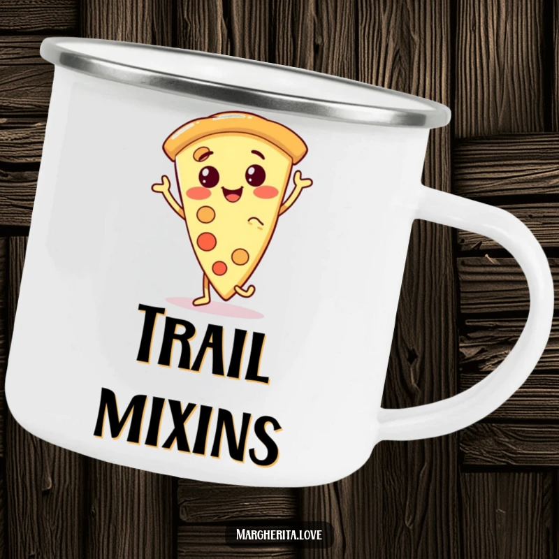 Funny pizza slice camping mug featuring a smiling, anthropomorphic pizza character dancing, perfect for enjoying drinks outdoors with a humorous vibe.