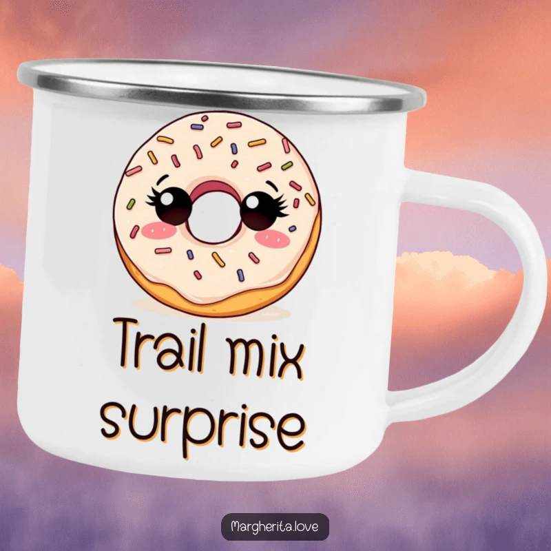 Funny camping mug with a curious doughnut character and sprinkles, looking around, ready for outdoor exploration.