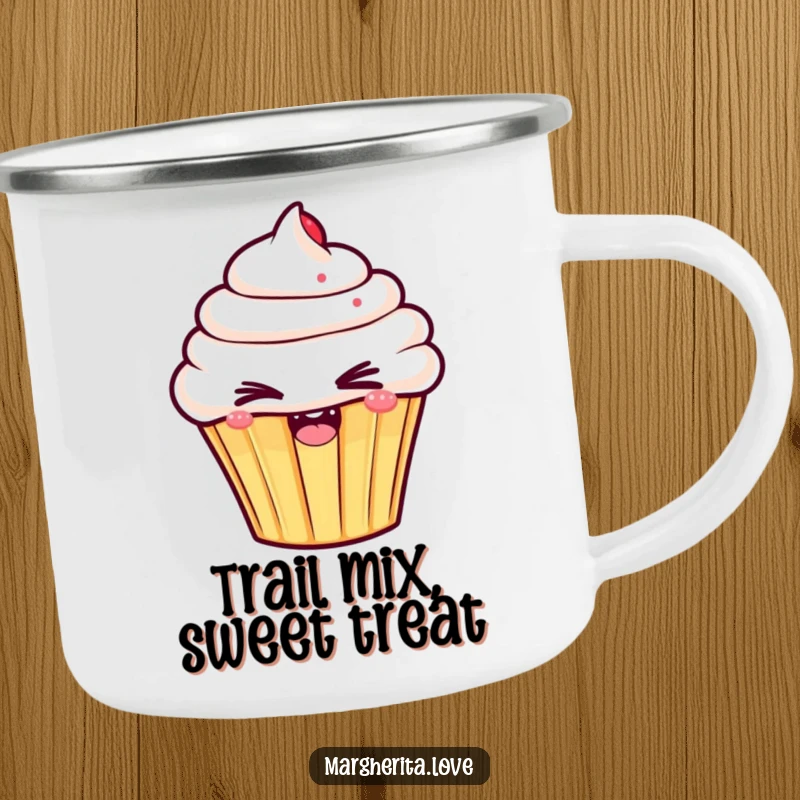 Funny camping mug showcasing an enthusiastic cupcake with a mischievous wink, perfect for enjoying drinks during outdoor adventures.