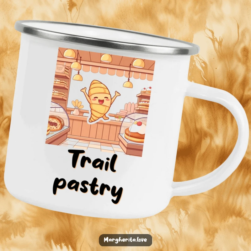 Funny camping mug depicting a cheerful croissant character joyfully leaping, perfect for enjoying warm beverages outdoors.