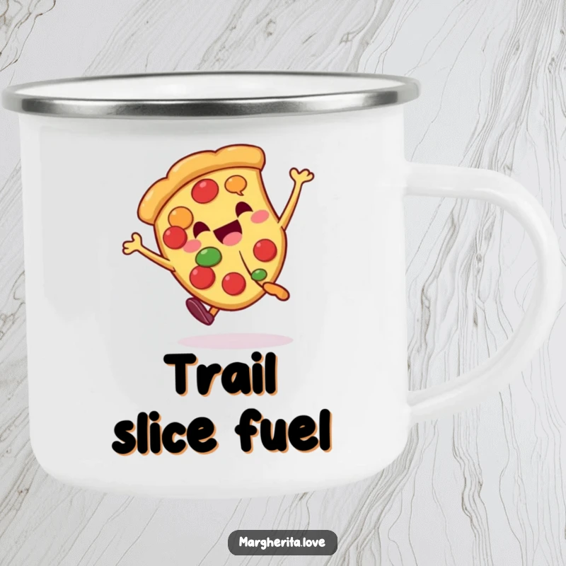 Funny pizza slice character doing a cartwheel, designed for a sturdy and humorous camping mug for outdoor fun.