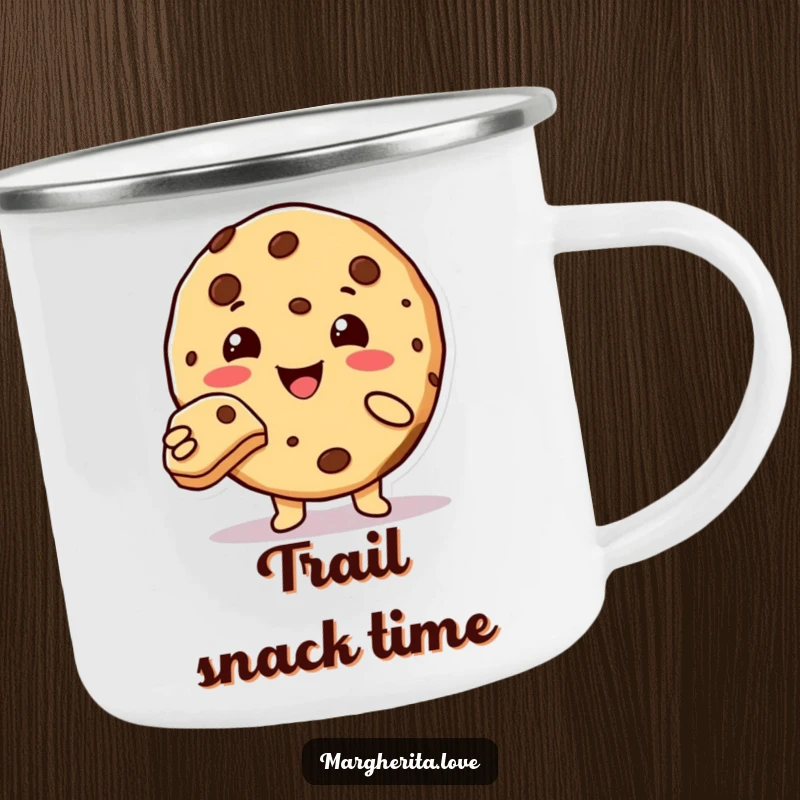 Funny cute cookie character offering a bite, enamel camping mug.