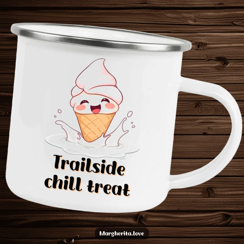 Funny camping mug featuring a giggling ice cream cone person splashing in milk, adding sweet humor and fun to outdoor beverages.