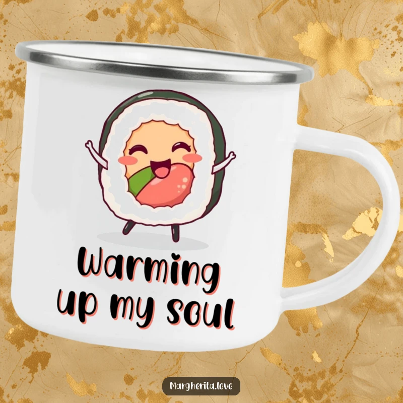 Funny sushi roll dance camping mug featuring a happy character dancing, ideal for outdoor enthusiasts.