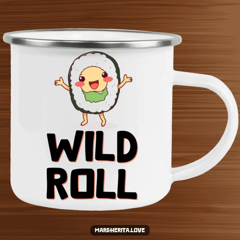 Funny camping mug featuring a sushi roll dancing, ideal for outdoor enthusiasts who appreciate food-themed humor.