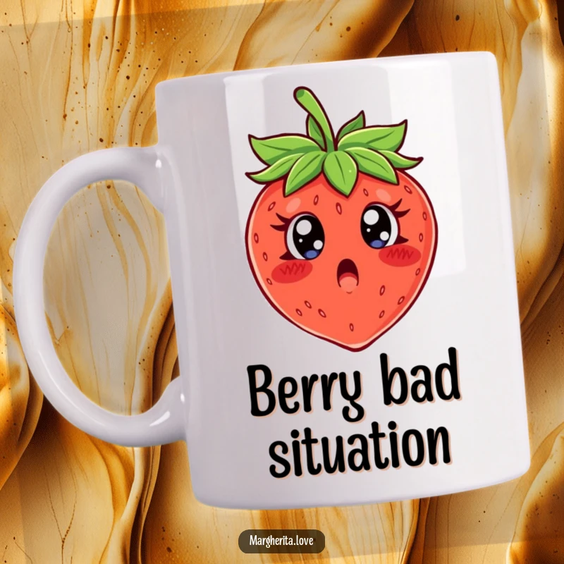 Funny mug with a wide-eyed, surprised strawberry character about to be eaten, expressing shock and humor.