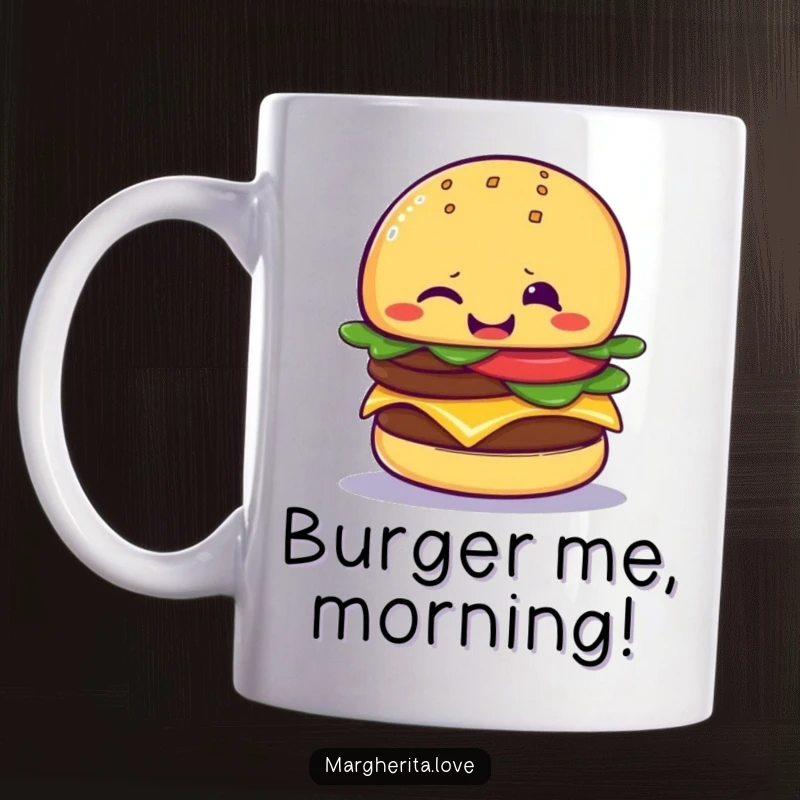 Funny cheeseburger wink mug featuring a giggling anthropomorphic cheeseburger giving a playful wink, radiating fun and deliciousness.