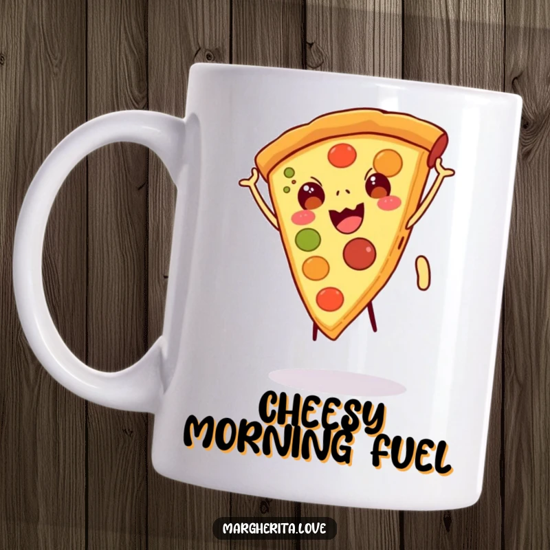 Funny mug graphic of a happy pizza slice with legs performing a cartwheel, representing joy and delicious fun, perfect funny gift.