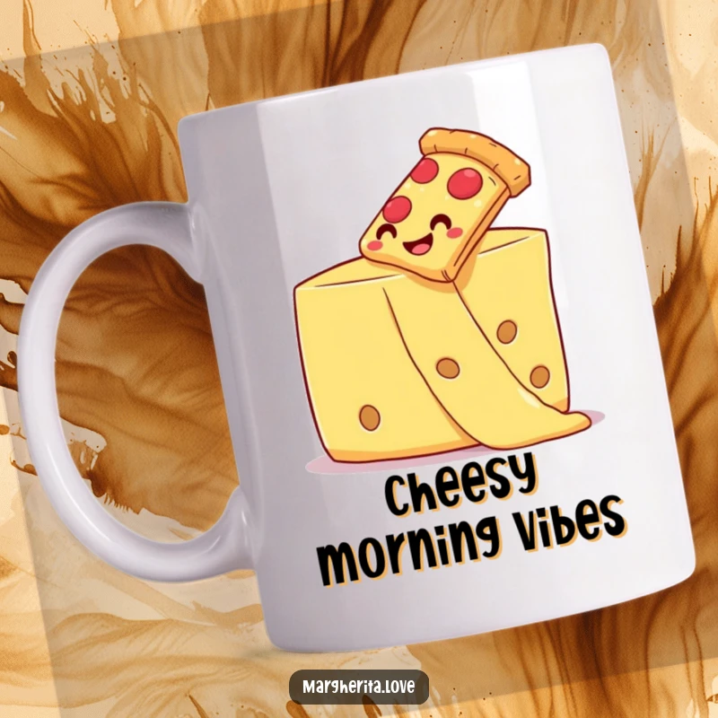 Funny smiling pizza slice joyfully sliding down a long string of melted cheese on a mug.