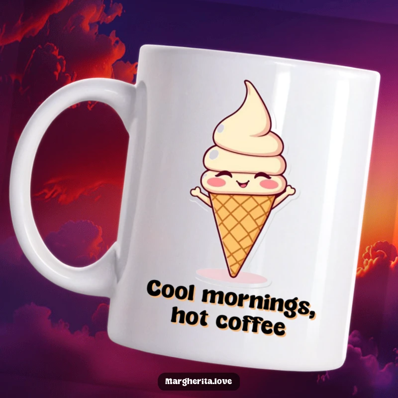 Funny winking ice cream cone character performing a headstand, bringing playful and humorous energy to a mug.