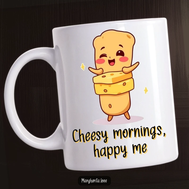 Funny giggling baguette character precariously balancing a tall stack of various cheeses, a humorous mug design.