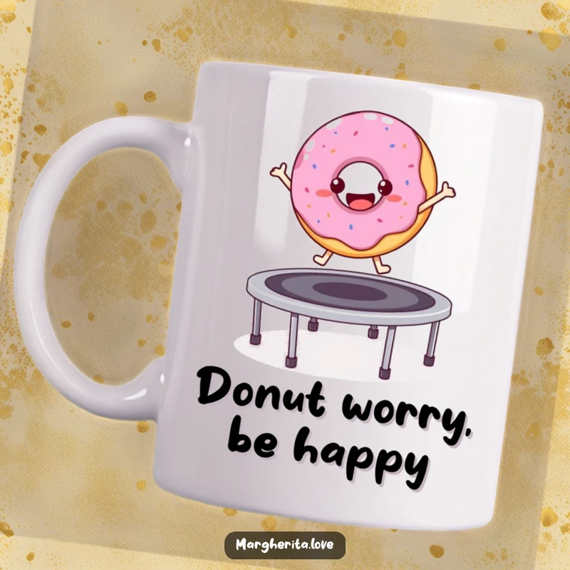 Funny bouncy donut character happily jumping on a trampoline, mug design.