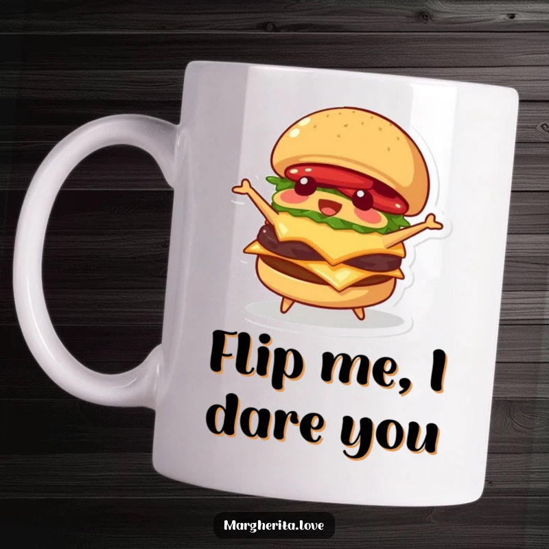 Funny burger mug featuring a playful character happily flipping itself, a humorous and delightful addition for food lovers.