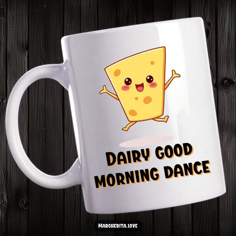 Funny cheese wedge mug doing a ballet pirouette with enthusiastic glee, great for dairy lovers and dancers.