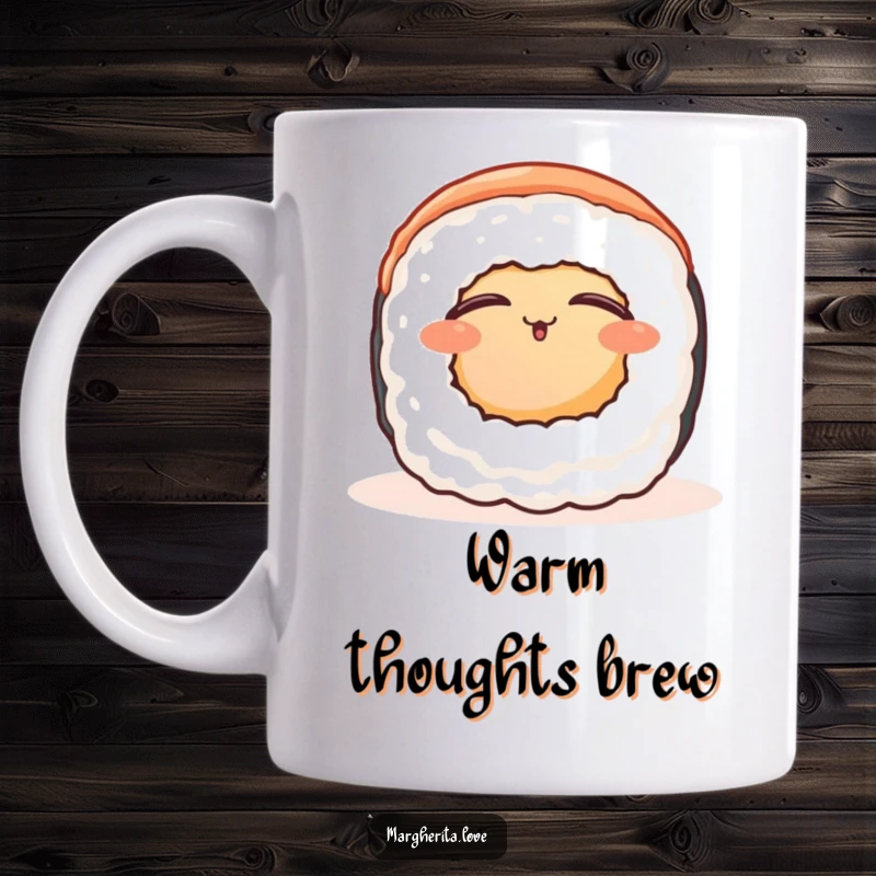 Funny contented sushi roll mug, a peaceful sushi roll with closed eyes, blissfully enjoying warmth.