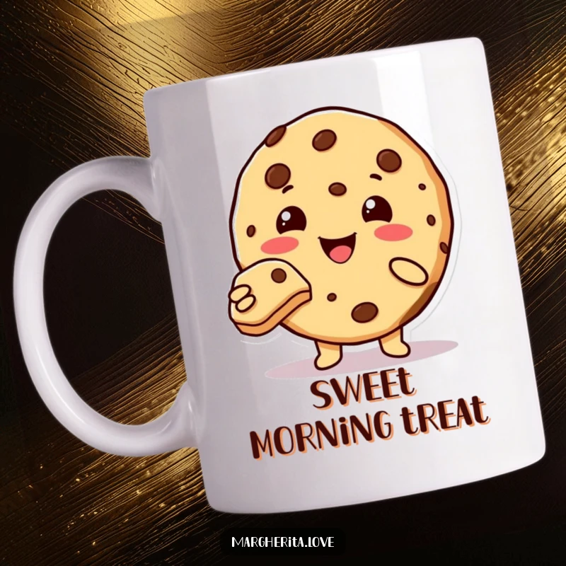 Funny cute cookie character with a cheerful smile offering a bite to the viewer, mug.