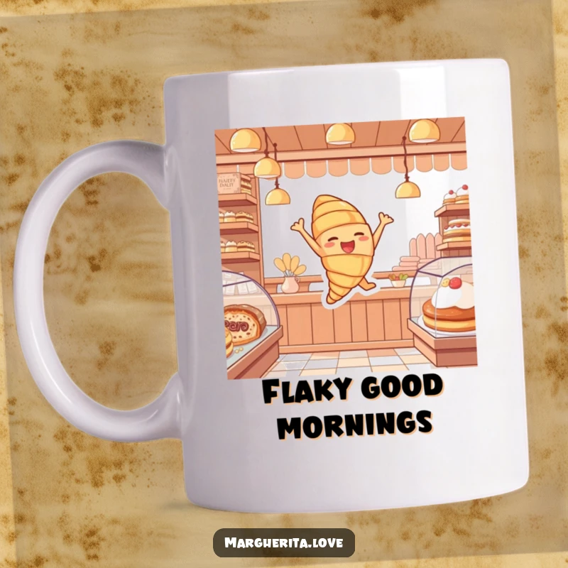 Funny mug showing a cheerful croissant character mid-leap with pure joy, celebrating in a bakery setting.