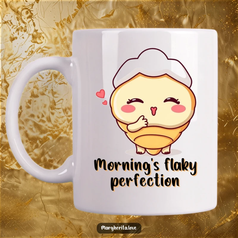 Funny mug featuring a winking croissant person blowing a kiss, exuding playful and sweet charm, ideal for giggle-inducing mornings.