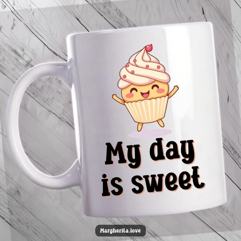 Funny mug featuring a cheerful cupcake with colorful frosting joyfully bouncing a small ball, radiating happiness.