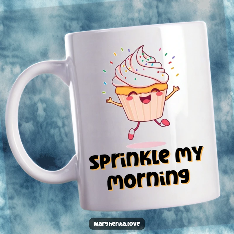 Funny cupcake character mug with a cheerful cupcake skipping joyfully, with colorful sprinkles flying around.