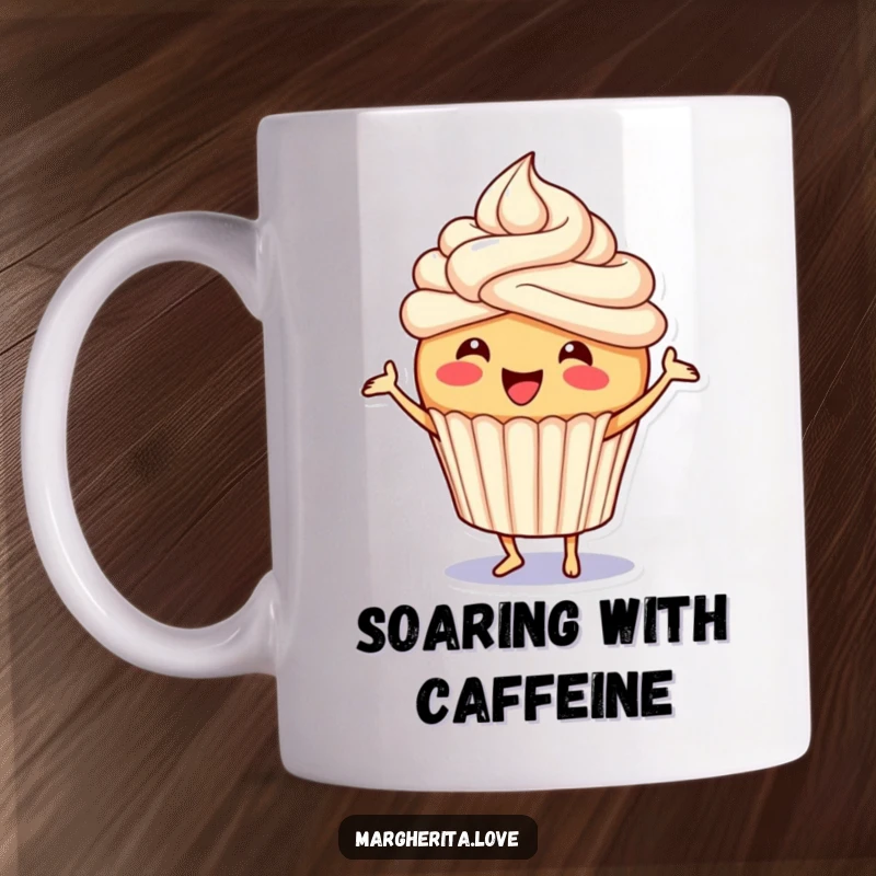 Funny cupcake mug featuring a joyful character with frosting, doing a happy little jig, bringing cheer to your beverage time.