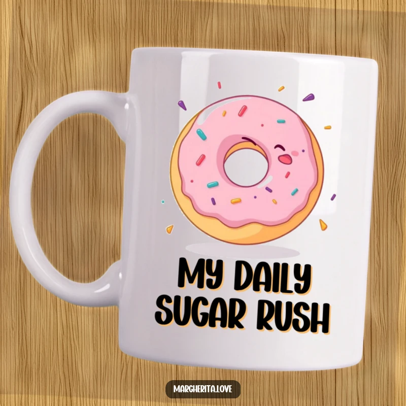 Funny donut mug featuring a delighted, round donut in mid-spin, conveying pure, unadulterated happiness and excitement.