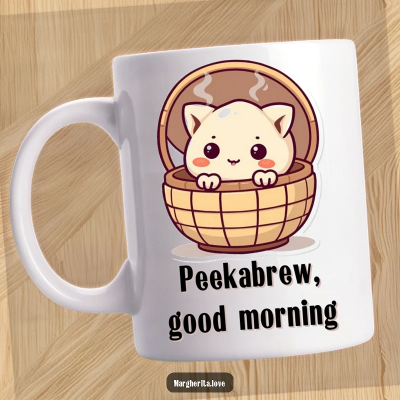 Funny curious dumpling character peeking out from a steaming bamboo basket, a delightful and humorous mug design.